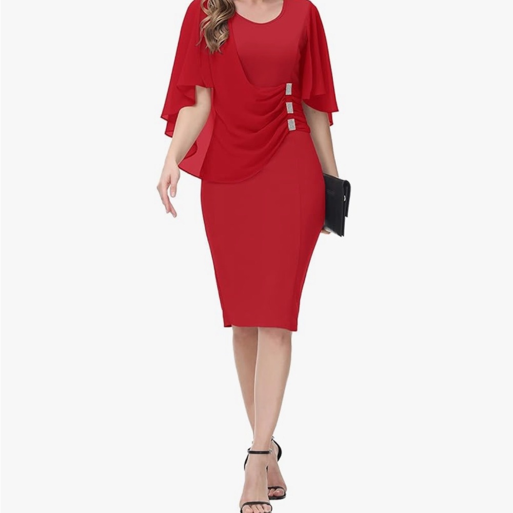 Red Cape-Sleeve Ruched Sheath Dress